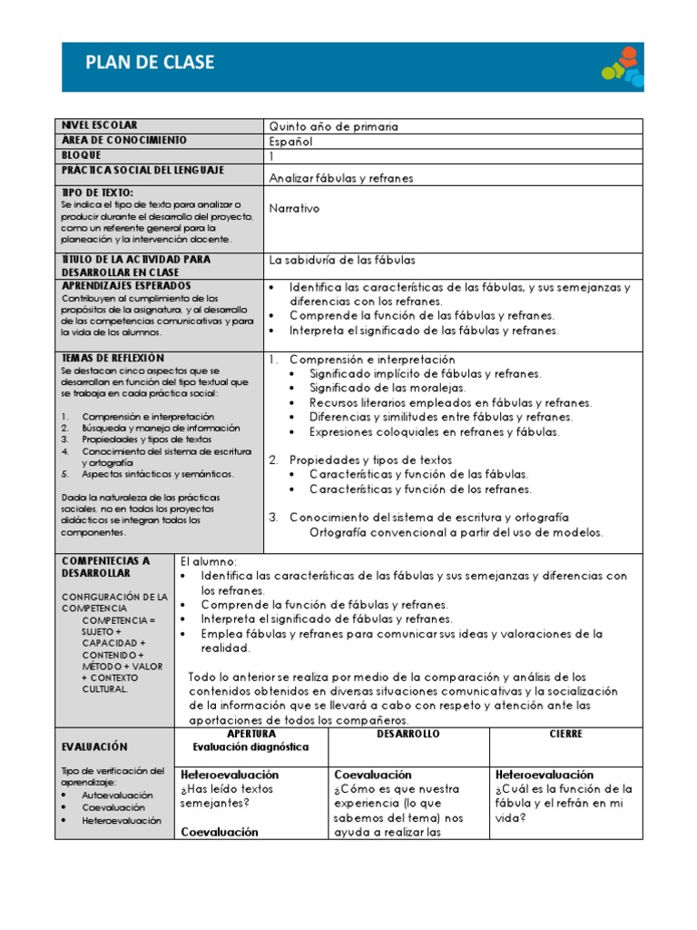 Plan de Clase Español 5° Primaria | PDF | Fábula | Evaluación
