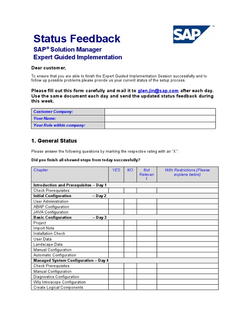 SAP Implementation Status Feedback Form | PDF | Computing | Software ...