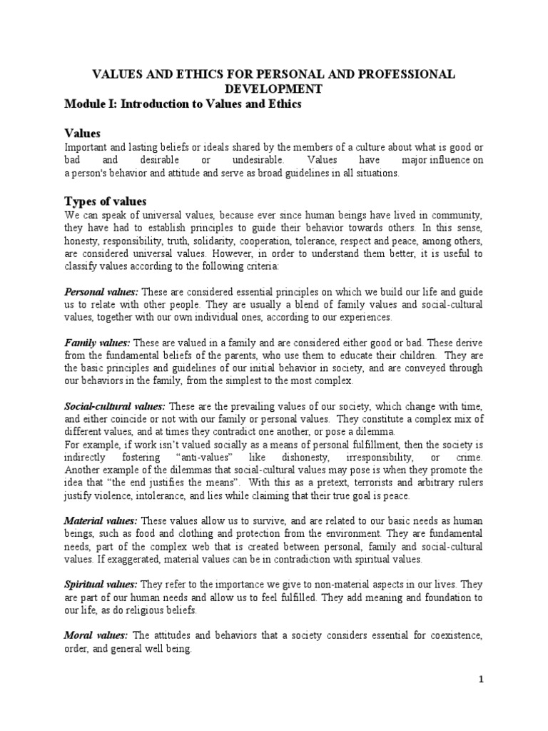 Values and Ethics For Personal and Professional Development Module I ...