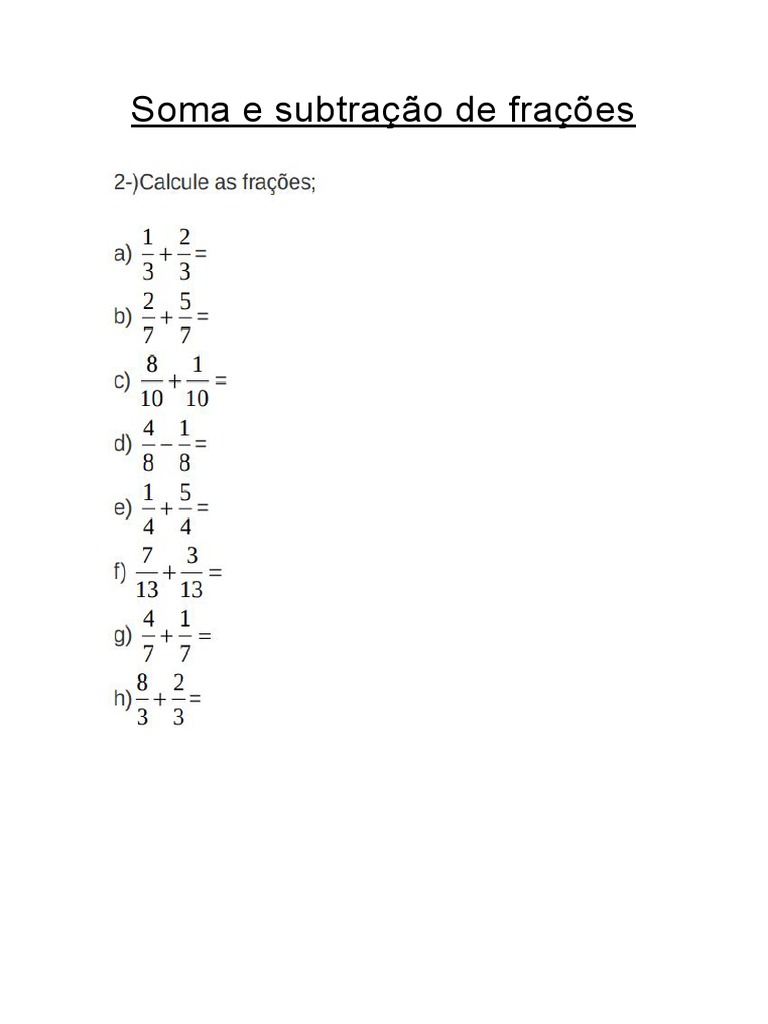 Lista de Soma e Subtração de Frações PDF | PDF