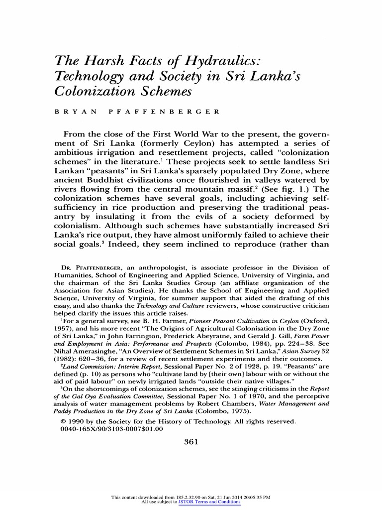 The Harsh Facts of Hydraulics Technology and Society in SriLanka's