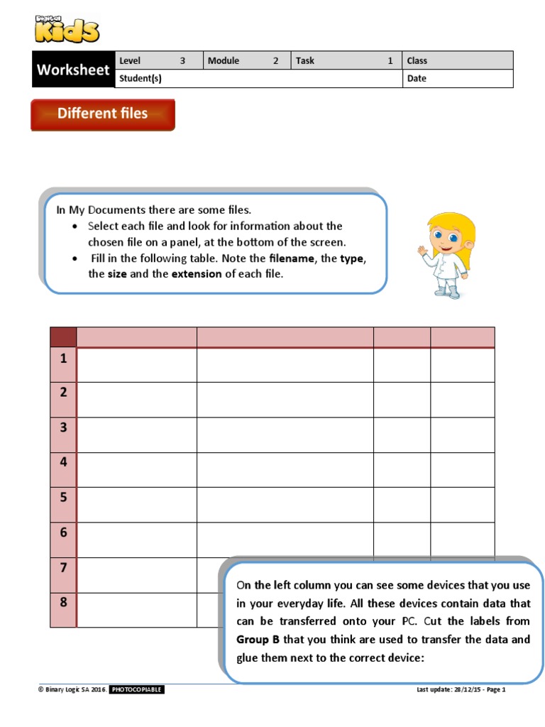 Worksheet Different Files: Level Task Class Student(s) Date | PDF ...
