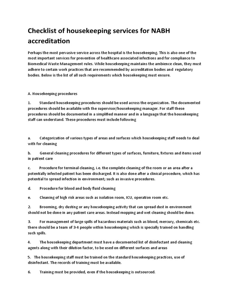 Checklist of Housekeeping Services For NABH Accreditation PDF