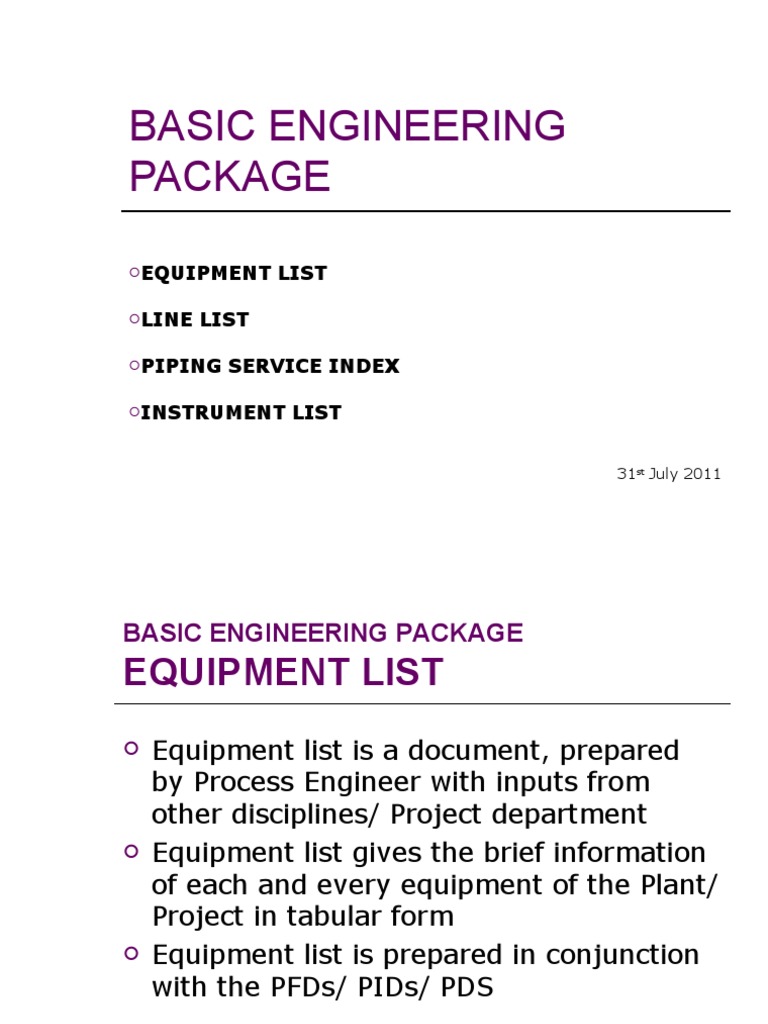 Basic Engineering Package Equipment List Line List Piping Service