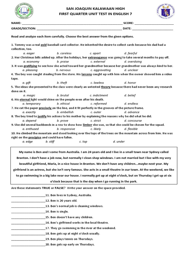 First Quarter English Unit Test 7 | PDF