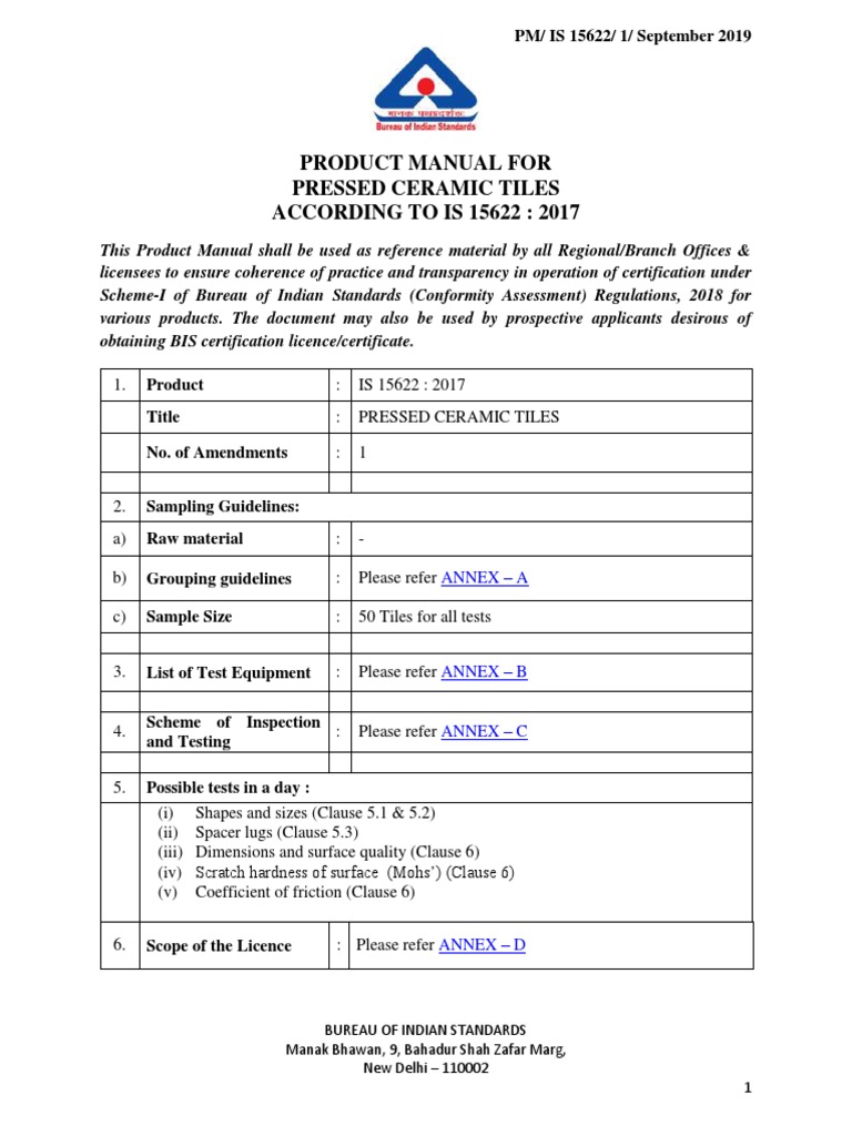 Product Manual For Pressed Ceramic Tiles ACCORDING TO IS 15622 2017