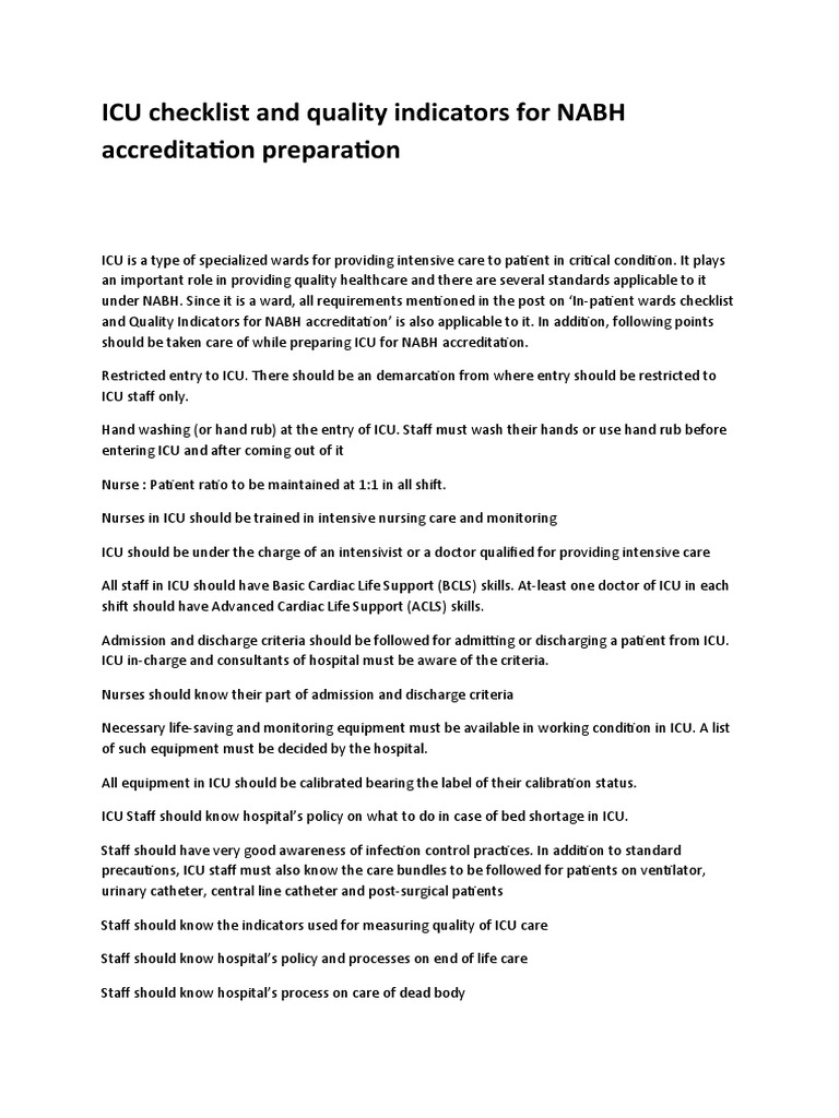 ICU Checklist and Quality Indicators For NABH Accreditation Preparation