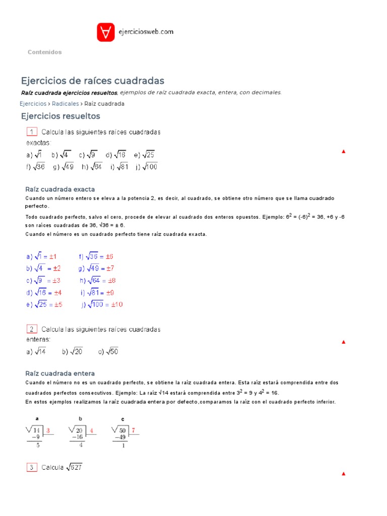 Ejercicios Resueltos de Raíz Cuadrada | PDF | Raíz cuadrada | Conceptos