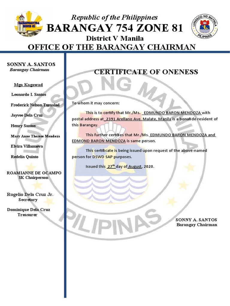 Barangay 754 Zone 81: Office of The Barangay Chairman | PDF