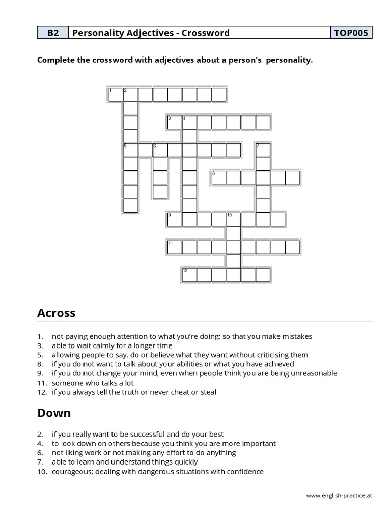 Top005 Personality Adjectives Crossword PDF | PDF