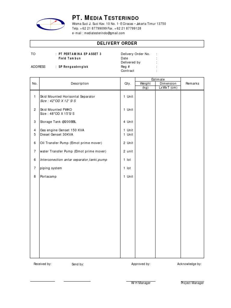 Delivery Order for PT Pertamina EP Equipment | PDF