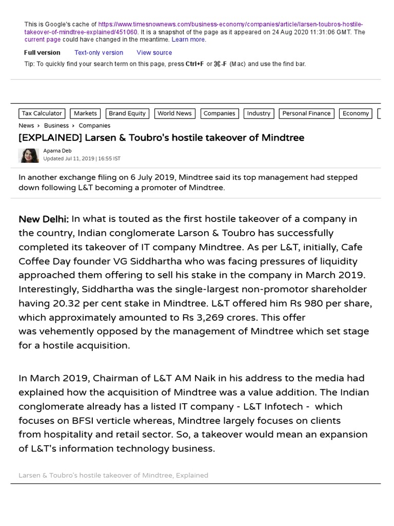 L&T's Hostile Takeover of Mindtree | PDF | Takeover | Corporations