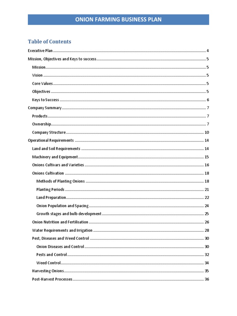 Contents Table Onion Farming Business Plan PDF Onion Food Industry