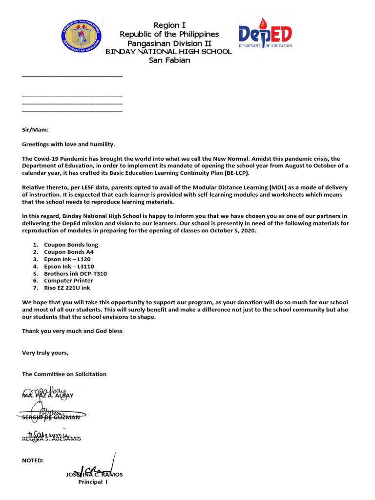 Request for Donations to Support Modular Distance Learning at Binday