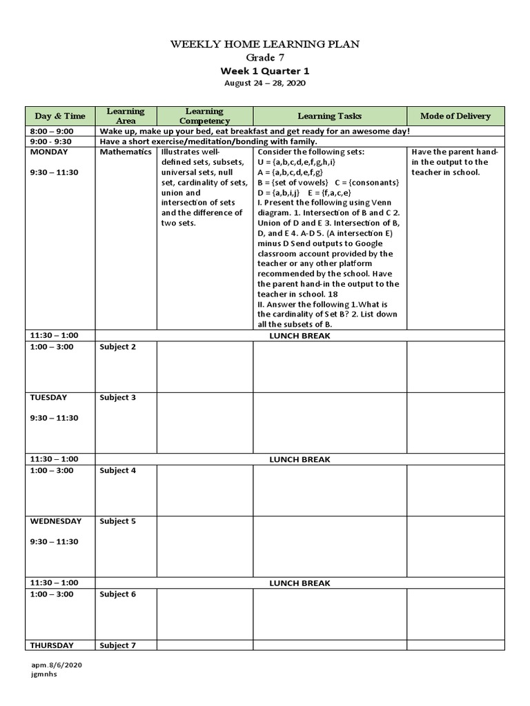Weekly Home Learning Plan Grade 7: Week 1 Quarter 1 | PDF | Educational ...
