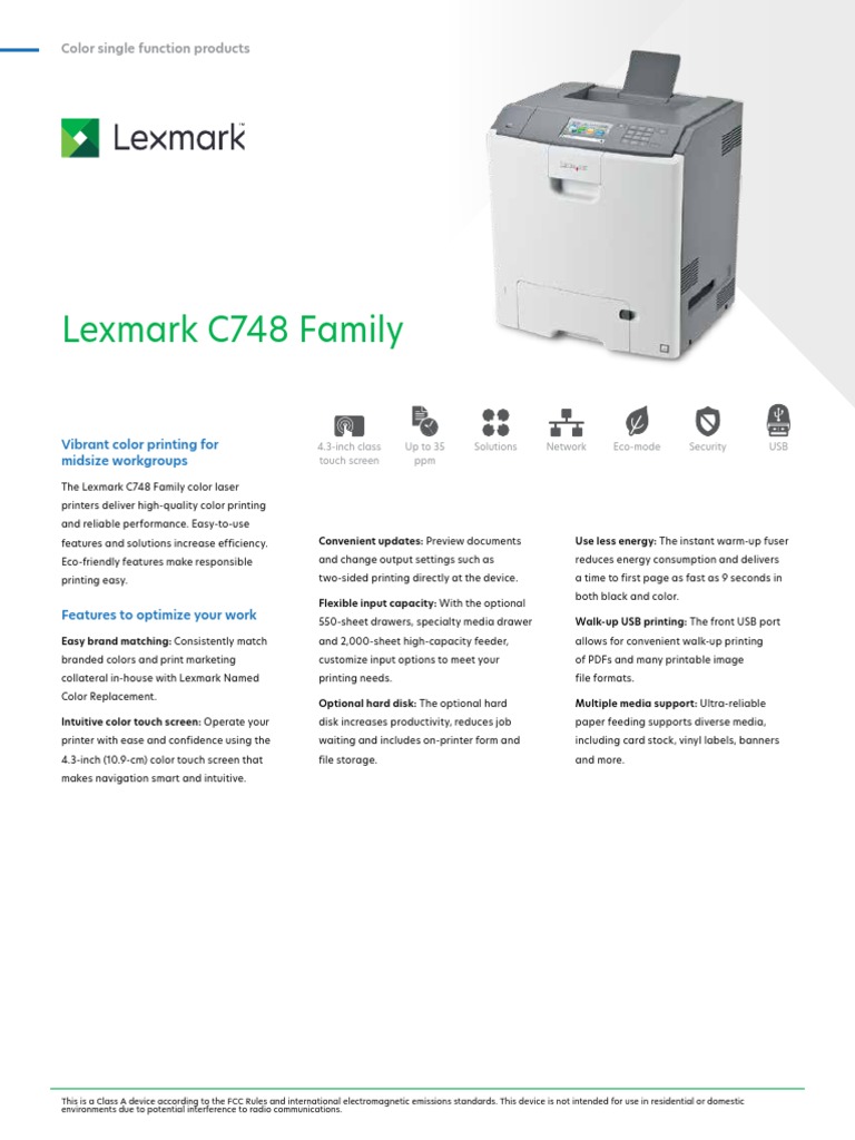 Lexmark C748 Family Color Single Function Products PDF Printer