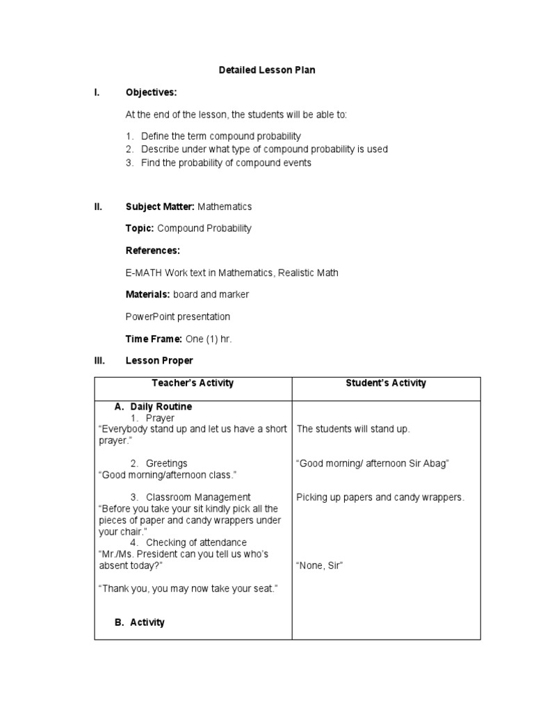 Detailed Lesson Plan I. Objectives | PDF | Probability | Cognition