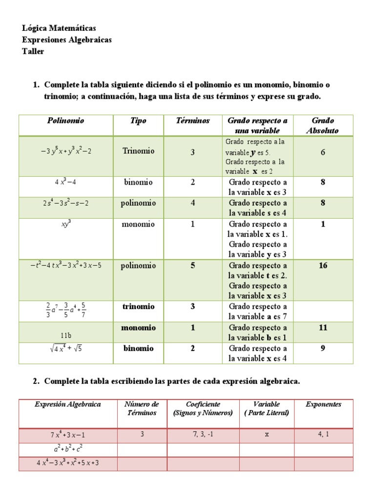 Taller de Expresiones Algebraicas | PDF | Matemática Elemental | Algoritmos