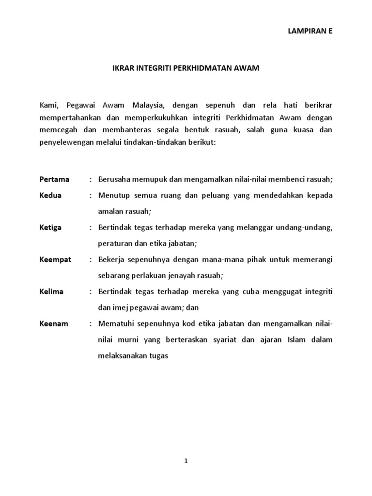 Ikrar Integriti Perkhidmatan Awam | PDF