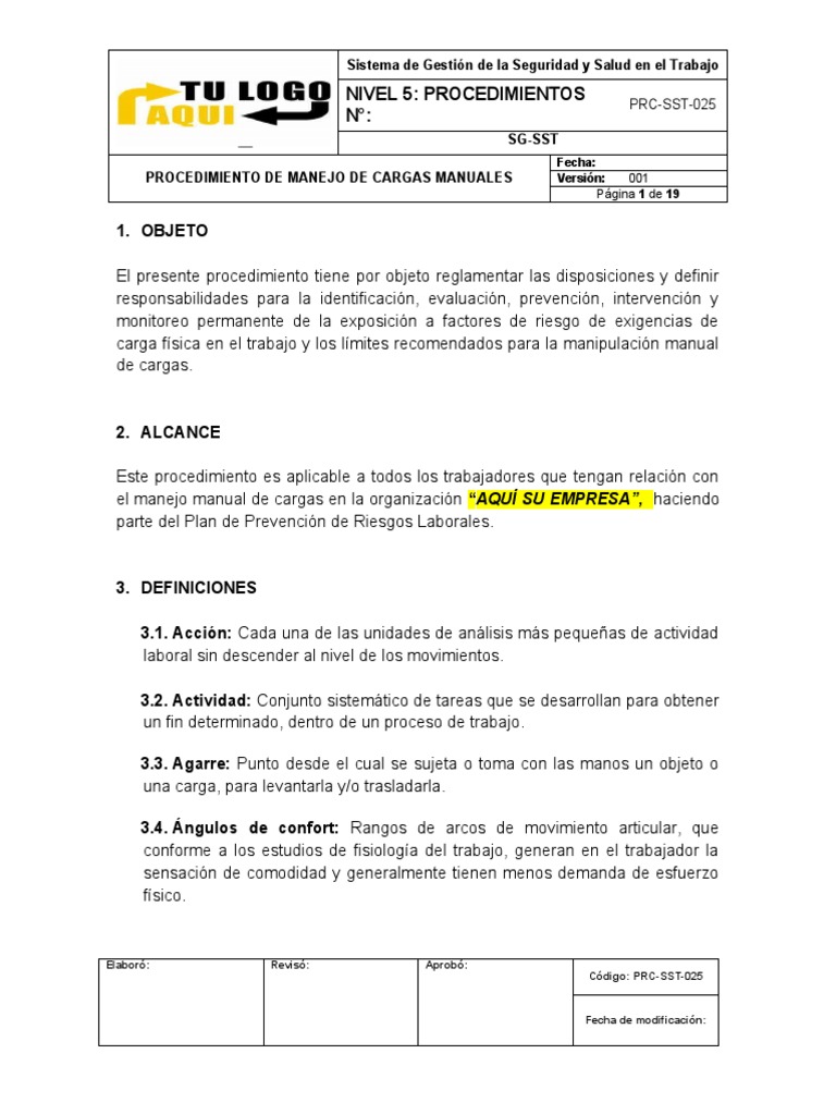 Procedimiento para Manejo de Cargas Manuales | PDF | Factores humanos y ...