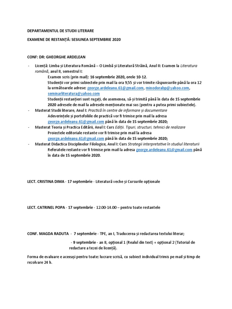 Programari SEPTEMBRIE Dep. Literatura | PDF