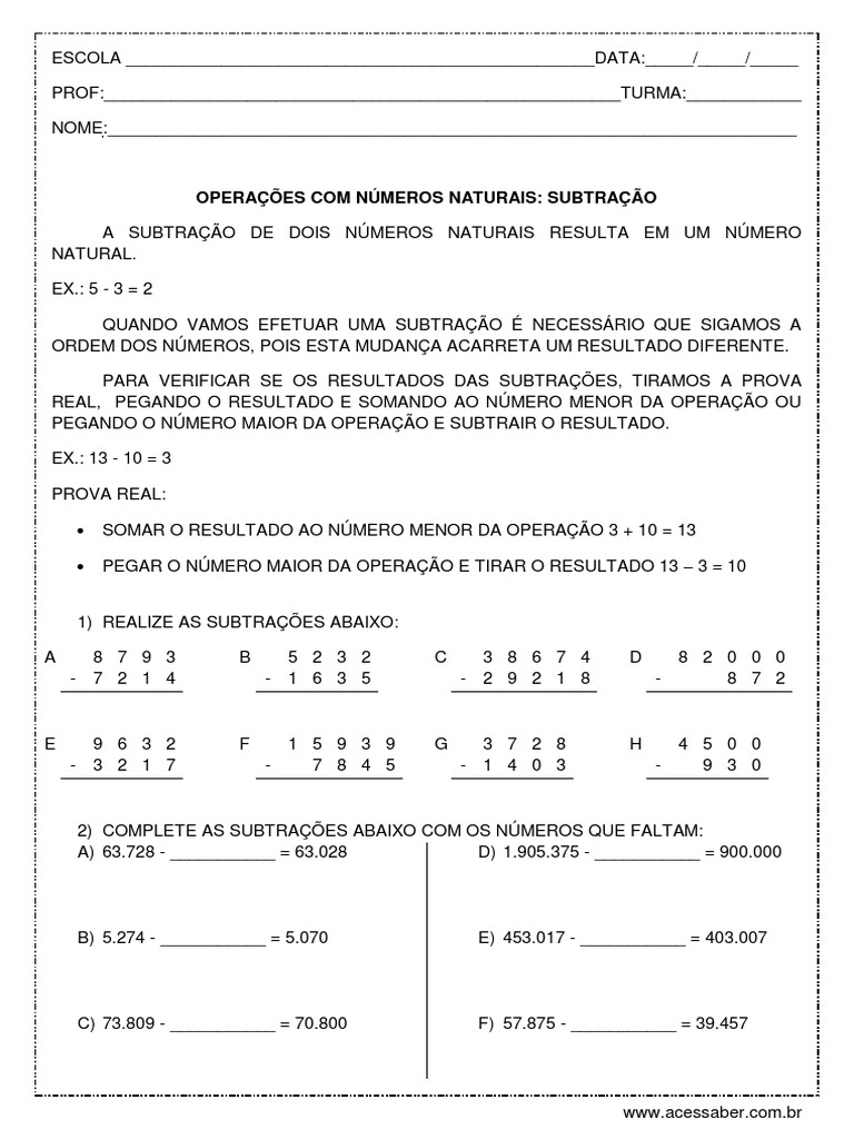 Atividade de matemática: Problemas de adição e subtração - 4º ano