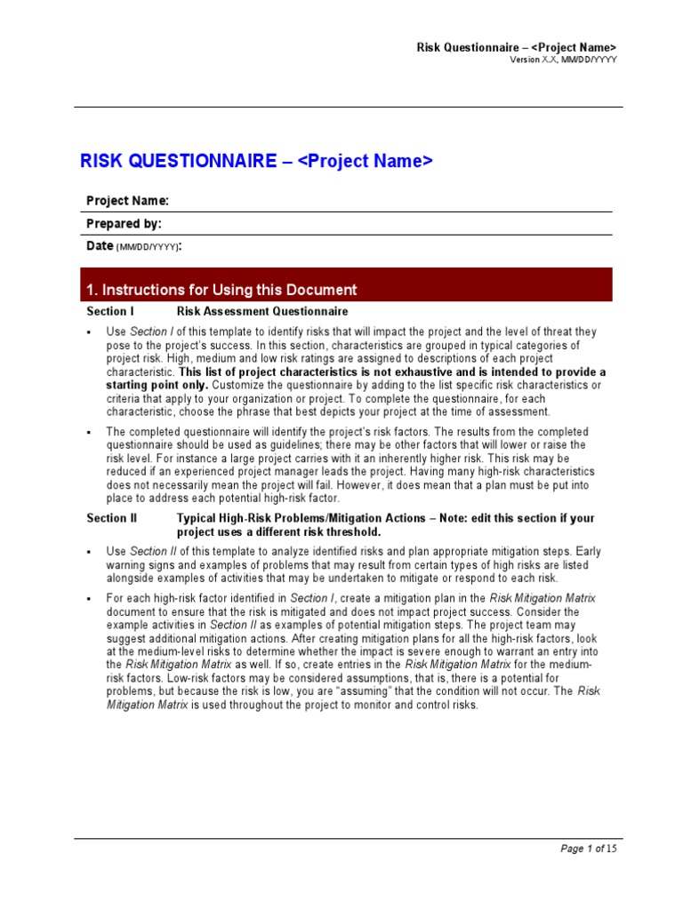 Project Risk Assessment Questionnaire | PDF | Project Management | Risk