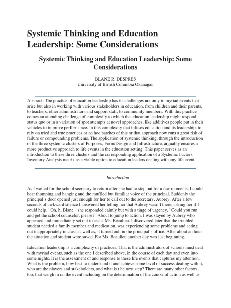 Systemic Thinking in Education Leadership | PDF | System | Leadership