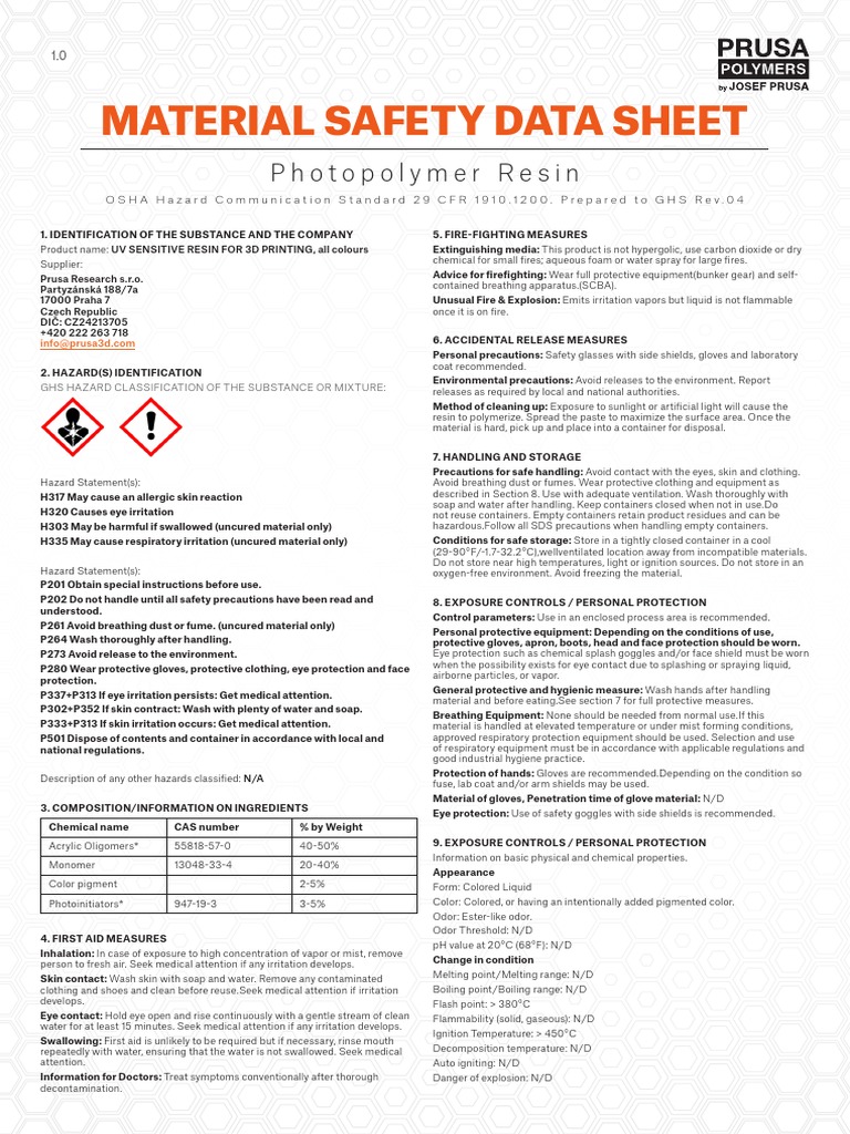 Photopolymer Resin Safety Data Sheet | PDF | Personal Protective ...