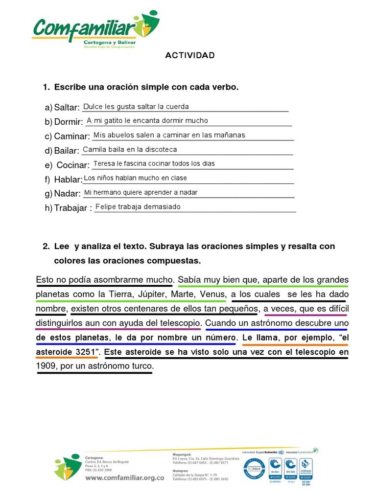 Actividades de oraciones simples y compuestas | PDF