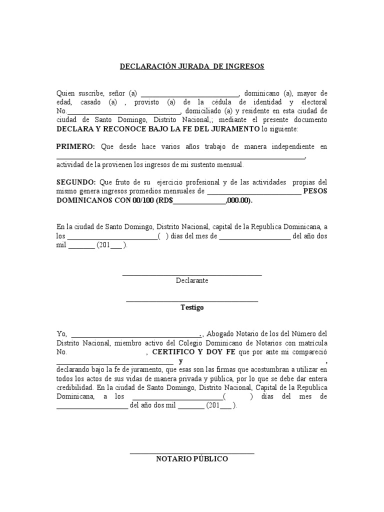 Declaracion Jurada de Ingresos (Modelo) | PDF