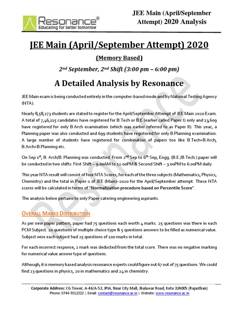 JEE Main 2020 April/September Analysis | PDF | Determinant | Integral