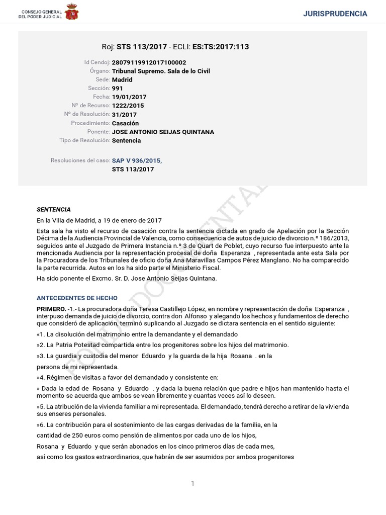Sentencia de Divorcio STS 113/2017 | PDF | Divorcio | Caso de ley