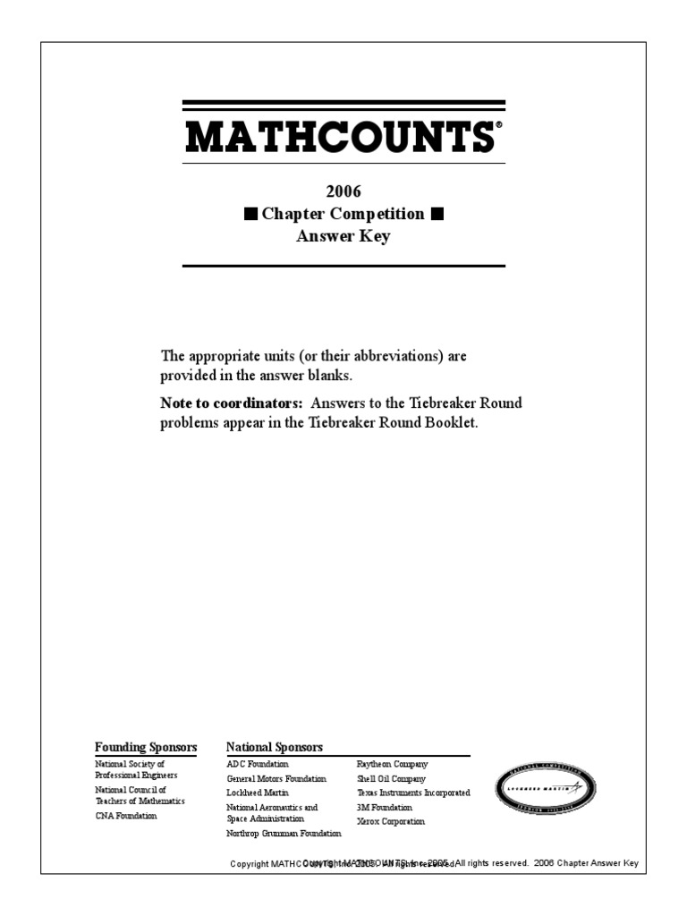 Mathcounts: 2006 Chapter Competition Answer Key | PDF | Teaching ...