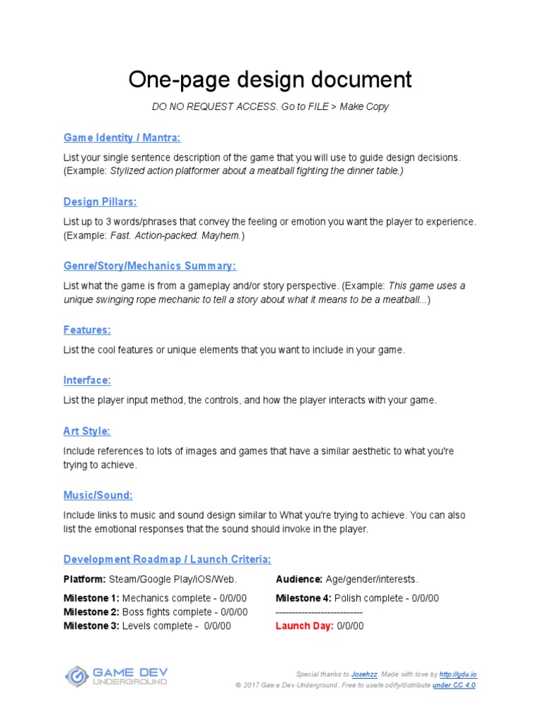 One Page Game Design Document Template | PDF