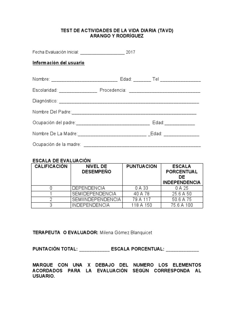 Test de Actividades de la Vida Diaria | PDF | Medicamentos con receta ...