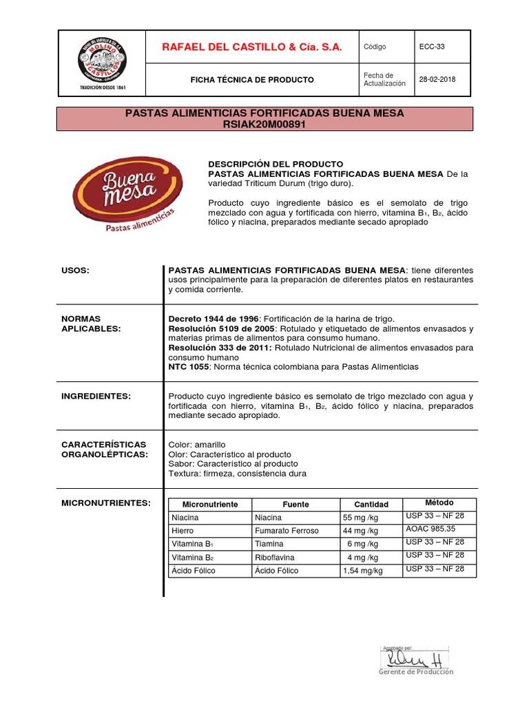 Pastas Alimenticias Buena Mesa Ficha Tecnica PDF Trigo Pasta