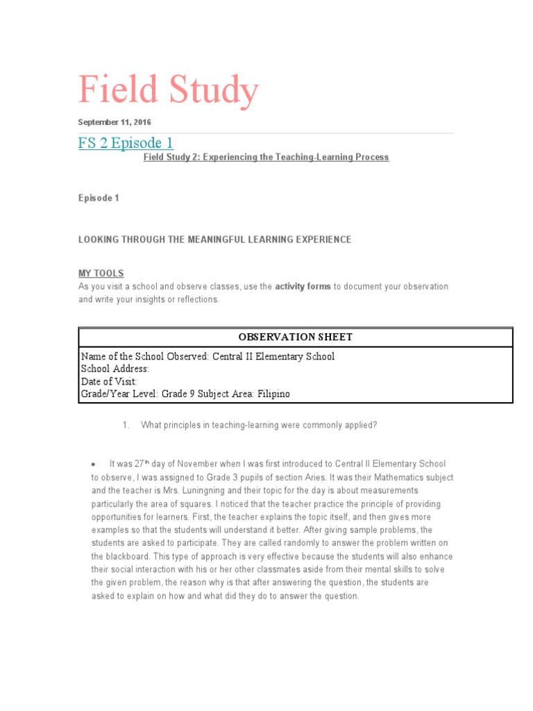 Field Study: FS 2 Episode 1 | PDF | Metacognition | Learning Theory ...