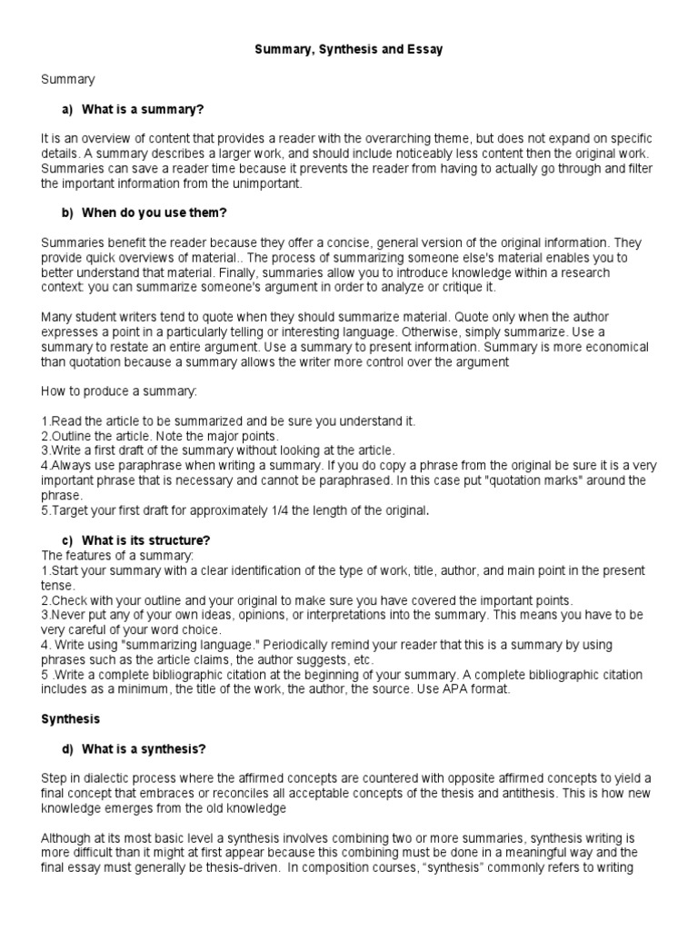Summary and Synthesis in Essays | PDF | Essays | Argument