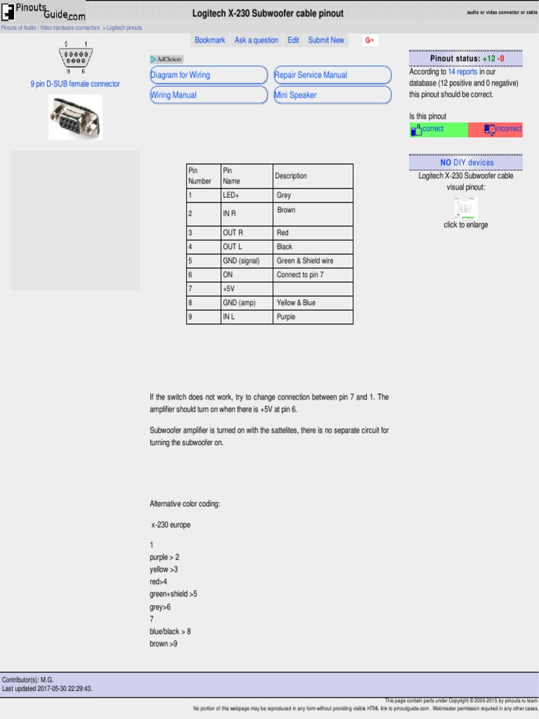 Logitech X 230 Subwoofer Cable Pinout Diagram Pino | PDF | Electrical  Connector | Amplifier
