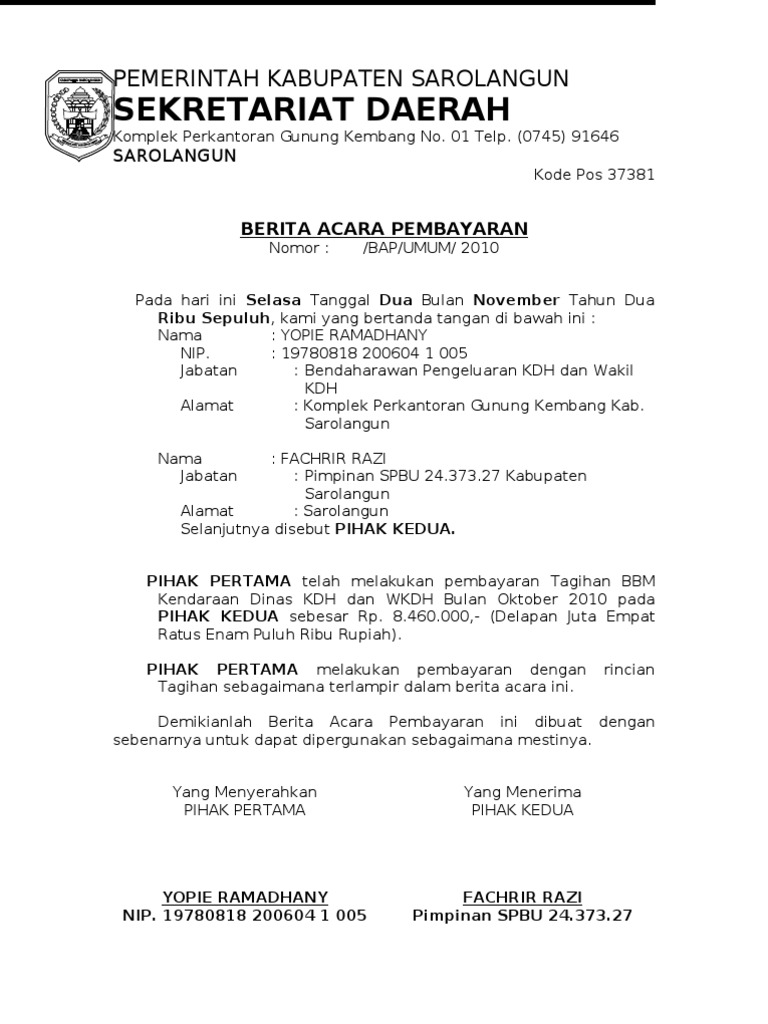 Berita Acara Pembayaran 2 Contoh Surat Berita Acara Pembayaran BERITA ACARA PEMBAYARAN Nomor.