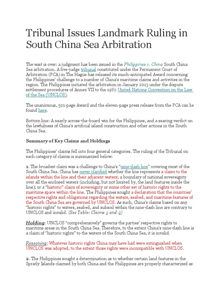 Tribunal Issues Landmark Ruling in South China Sea Arbitration | PDF ...