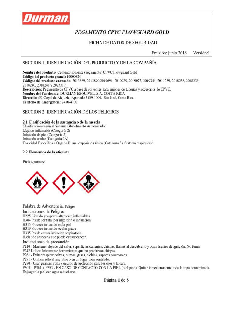 FDS Pegamento CPVC Flowguard Gold PDF | PDF | Solubilidad | Solvente