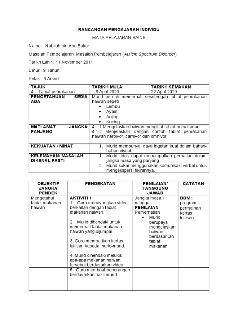 Rancangan Pendidikan untuk Murid Autisme | PDF