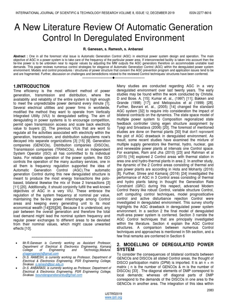 A New Literature Review of Automatic Generation Control in Deregulated ...