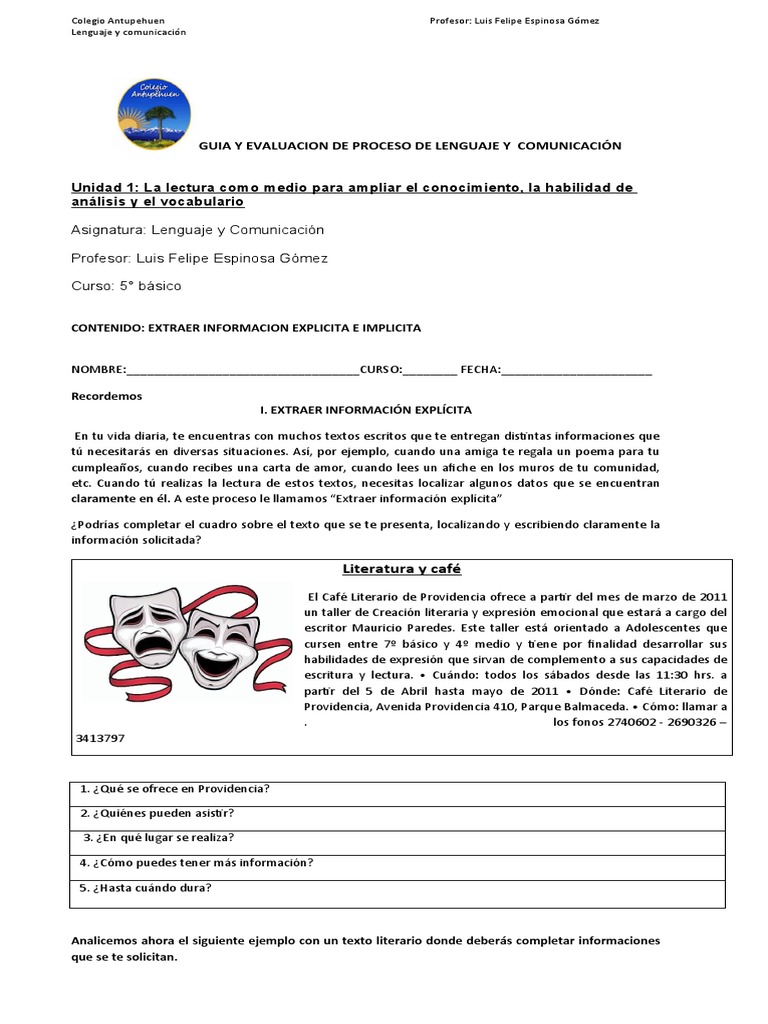 Guia Contenido Explicito E Implicito Evaluacion 5 Basico Semana 2 Abril
