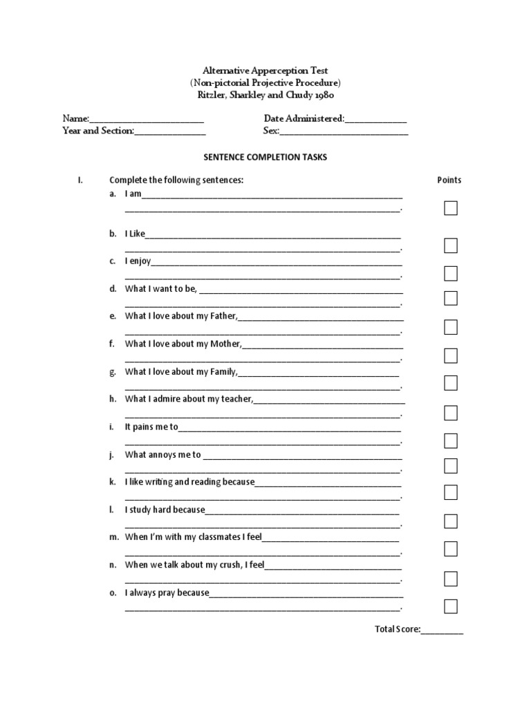 Alternative Apperception Test Scoring Guide | PDF | Psychology ...