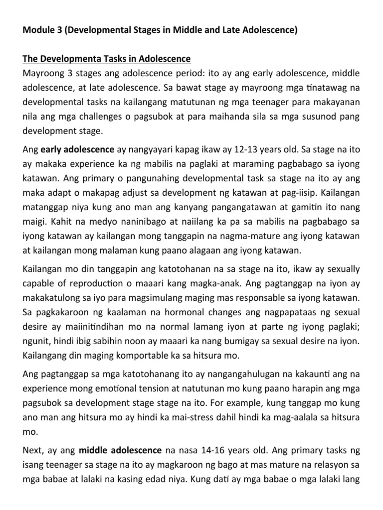 Module 3 (Developmental Stages in Middle and Late Adolescence) | PDF
