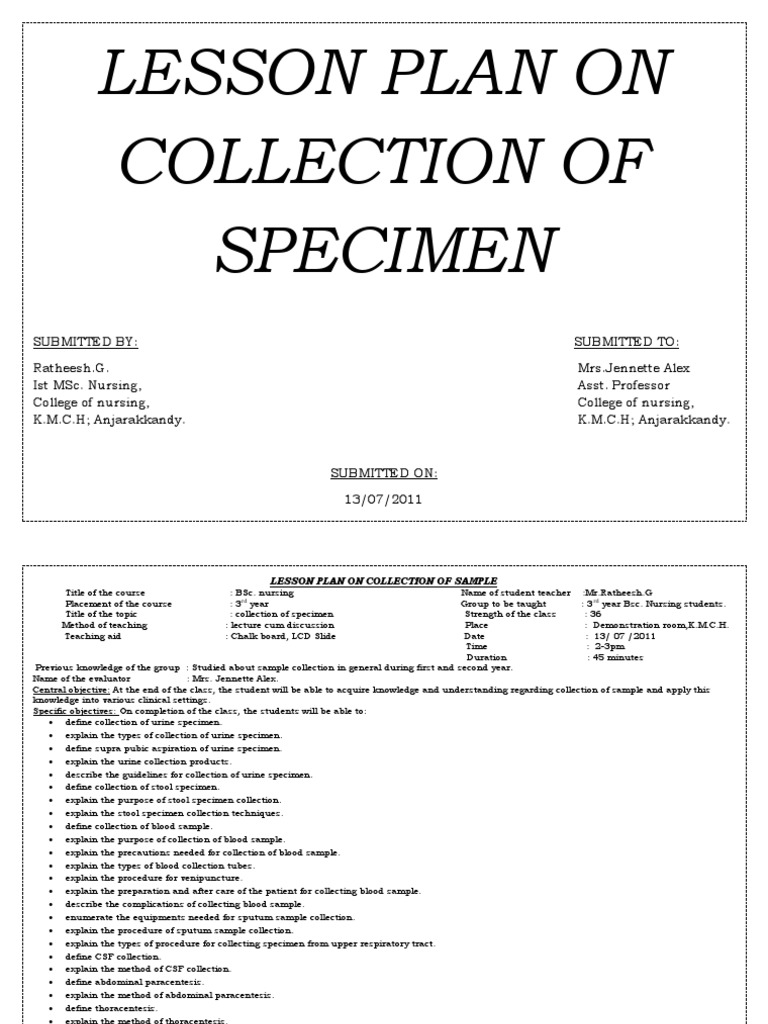 Specimen Collection Lesson Plan | PDF | Medical Diagnosis | Urine