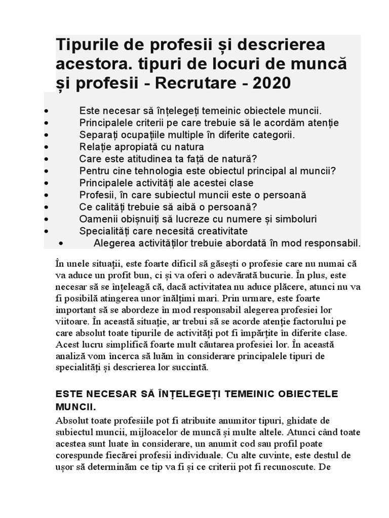 Tipurile de Profesii Și Descrierea Acestora | PDF